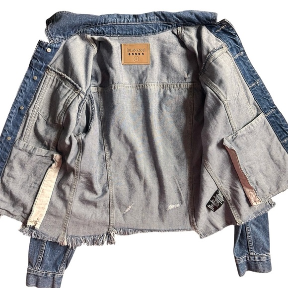BlankNYC Women’s Denim Jacket Size Small Distressed Hem Paisley Print Jean Coat - Picture 3 of 9